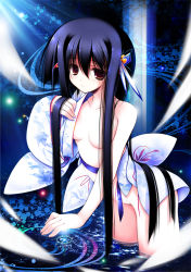 Rule 34 | 1girl, bare shoulders, black hair, breasts, brown eyes, clothes down, hair censor, hair ornament, hair over breasts, hand in own hair, highres, japanese clothes, kimono, long hair, medium breasts, no bra, no panties, open clothes, original, partially submerged, sidelocks, solo, tenmu shinryuusai, wading, water