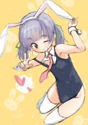 Rule 34 | absurdres, alternate costume, animal ears, black one-piece swimsuit, blunt bangs, breasts, detached collar, fyuo, grey eyes, grey hair, grin, heart, highres, kantai collection, necktie, new school swimsuit, one-piece swimsuit, ooshio (kancolle), playboy bunny swimsuit, rabbit ears, red necktie, school swimsuit, short twintails, small breasts, smile, spoken heart, swimsuit, thick eyebrows, thighhighs, twintails, white thighhighs, wrist cuffs, yellow background