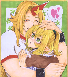Rule 34 | 2girls, absurdres, blonde hair, blush, bow, bowtie, bright pupils, brown shirt, commentary request, cuffs, fang, fingernails, green background, green eyes, half-closed eyes, hand on another&#039;s chest, hand on another&#039;s head, heart, highres, horns, hoshiguma yuugi, hug, long hair, looking at another, matsuri kyuuta, mizuhashi parsee, multiple girls, one eye closed, open mouth, parted bangs, pointy ears, red eyes, red horns, shackles, shared speech bubble, shirt, short hair, short ponytail, short sleeves, single horn, smile, speech bubble, spoken heart, star (symbol), t-shirt, touhou, traditional media, upper body, white bow, white bowtie, white pupils, white shirt, yuri