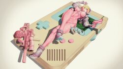 Rule 34 | 1girl, absurdres, ankle boots, blonde hair, bodysuit, boots, breasts, commentary, covered erect nipples, covered navel, cropped hoodie, crotch zipper, drum magazine, english commentary, full body, game boy, game boy (original), gloves, grey footwear, grey hoodie, grmm, gun, gwenpool, handgun, handheld game console, headphones, high heel boots, high heels, highres, holding, holding gun, holding weapon, hood, hood up, hoodie, impossible bodysuit, impossible clothes, knee pads, large breasts, latex, latex bodysuit, long legs, lying, magazine (weapon), marvel, multicolored hair, on back, oversized object, pink bodysuit, pink eyes, pink gloves, pink hair, scope, short hair, skin tight, solo, spider-man (series), superhero costume, suppressor, two-tone hair, walkman, weapon, zipper