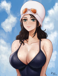 Rule 34 | 1girl, breasts, cleavage, female focus, glasses on head, hat, large breasts, nico robin, one piece, solo, sweat