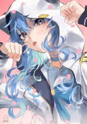 Rule 34 | 1girl, absurdres, artist logo, blue eyes, blue hair, gold footwear, highres, holding, holding plate, hololive, hoshimachi suisei, hoshimachi suisei (school uniform), long hair, long sleeves, looking at viewer, mercs (kapebeovorus), missile pod, official alternate costume, plate, puffy sleeves, solo, star (symbol), star in eye, symbol in eye, twitter username, upper body, virtual youtuber