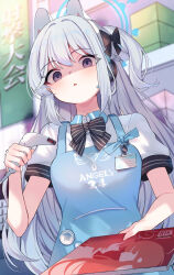 Rule 34 | 1girl, angel&#039;s 24 uniform (blue archive), animal ears, apron, barcode scanner, black bow, black bowtie, blue apron, blue archive, blue halo, blush, book, bow, bowtie, braid, breasts, collared shirt, fake animal ears, grey hair, hair between eyes, halo, highres, holding, long hair, looking at viewer, manga (object), medium breasts, mi taro333, miyako (blue archive), one side up, open mouth, polo shirt, purple eyes, rabbit ears, shaded face, shirt, short sleeves, solo, upper body, white shirt