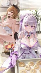 Rule 34 | 2girls, ;d, absurdres, ahoge, anis (nikke), bare arms, bare shoulders, black hat, black shorts, breasts, brown eyes, brown hair, choyeon, cleavage, collarbone, commentary request, crop top, crossover, detached sleeves, dress, emilia (re:zero), food, fruit, gloves, goddess of victory: nikke, hair ornament, hand up, hat, highres, holding, holding tray, indoors, korean commentary, large breasts, long hair, long sleeves, looking at viewer, micro shorts, midriff, multiple girls, one eye closed, open mouth, purple eyes, re:zero kara hajimeru isekai seikatsu, shirt, short hair, short shorts, shorts, sitting, skindentation, smile, strapless, strapless shirt, thighs, tray, white dress, white hair, white shirt, wide sleeves