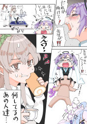 Rule 34 | &gt; &lt;, ..., 1boy, 4girls, ?, ??, absurdres, ahoge, anger vein, angry, doodle sensei (blue archive), black gloves, black jacket, blazer, blue archive, blue hair, blue necktie, blush, brown eyes, cake, capelet, closed eyes, comic, commentary request, crying, crystal, cup, eating, faceless, faceless female, flying sweatdrops, food, gloom (expression), gloves, halo, highres, holding, holding cup, holding food, jacket, lap pillow, light brown hair, long hair, long sleeves, low wings, multiple girls, nagisa (blue archive), necktie, on chair, out of frame, pink hair, purple eyes, purple hair, pushcart, raised eyebrow, reisa (blue archive), sensei (blue archive), shiratama (siratama5656), shirt, shouting, sitting, spoken ellipsis, streaming tears, sweat, swiss roll, tareme, teacup, teapot, tears, translation request, trinity student (blue archive), two side up, v-shaped eyebrows, wariza, white capelet, white jacket, white shirt, white wings, wings, yuuka (blue archive)
