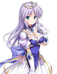 Rule 34 | 1girl, back bow, blush, bow, breasts, cleavage, commentary request, detached collar, dress, feena fam earthlight, gloves, green eyes, hair between eyes, long hair, looking at viewer, medium breasts, odawara hakone, purple hair, simple background, smile, solo, tiara, white background, white gloves, yoake mae yori ruri iro na