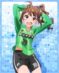Rule 34 | 10s, 1girl, ahoge, artist request, blush, bracelet, brown hair, clothes writing, d:, gloves, goalkeeper, gym shorts, hands on own head, idolmaster, idolmaster million live!, jewelry, looking at viewer, official art, open mouth, purple eyes, scrunchie, shorts, side ponytail, soccer uniform, solo, sportswear, wavy mouth, yokoyama nao