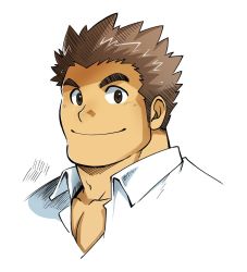 Rule 34 | 1boy, bara, brown eyes, brown hair, collarbone, collared shirt, cropped shoulders, looking at viewer, male focus, protagonist 3 (housamo), mizuki gai, muscular, muscular male, pectorals, shirt, short hair, sideburns, simple background, smile, solo, thick eyebrows, tokyo houkago summoners, white background, white shirt