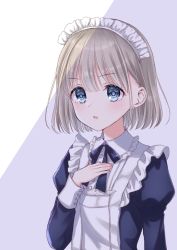 Rule 34 | 1girl, blue eyes, earrings, flat chest, frills, grey hair, hand on own chest, hand up, hiiragi kei, idolmaster, idolmaster shiny colors, jewelry, long sleeves, looking at viewer, maid, maid headdress, open mouth, parted lips, ribbon, serizawa asahi, short hair, simple background, solo, white background