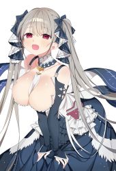 Rule 34 | 1girl, :d, absurdres, azur lane, bad id, bad pixiv id, between breasts, black dress, breasts, cleavage, collarbone, cowboy shot, detached collar, dress, formidable (azur lane), frilled dress, frills, grey hair, hair between eyes, hair ribbon, highres, large breasts, leaning forward, long hair, looking at viewer, maid, myao (o3o333), open mouth, red eyes, ribbon, simple background, smile, solo, twintails, two-tone ribbon, v arms, very long hair, white background