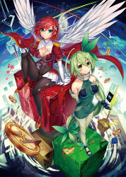 Rule 34 | 10s, 2girls, akabane (zebrasmise), aqua hair, bare shoulders, blue eyes, bodysuit, braid, breasts, cape, cleavage, cleavage cutout, clothing cutout, covered navel, crown braid, elbow gloves, gloves, green hair, hair ornament, large breasts, long hair, looking at viewer, lostorage wixoss, mel (wixoss), multicolored hair, multiple girls, official art, pantyhose, red hair, ril (wixoss), shiny clothes, short hair, skin tight, sleeveless, streaked hair, sword, weapon, wings, wixoss, yellow eyes