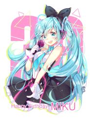 Rule 34 | 1girl, aqua eyes, aqua hair, aqua necktie, bare shoulders, black bow, black dress, bow, cable, character name, commentary, cropped torso, dress, english commentary, framed breasts, frilled dress, frills, gloves, hair bow, happy birthday, hatsune miku, headphones, highres, holding, holding microphone, long hair, looking at viewer, magical mirai (vocaloid), magical mirai miku, magical mirai miku (2016), maokezi, microphone, necktie, open mouth, short necktie, sleeveless, sleeveless dress, smile, solo, twintails, upper body, very long hair, vocaloid, w, white gloves