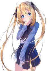 Rule 34 | 1girl, absurdres, ahoge, black bow, black neckwear, blonde hair, blue eyes, blue shirt, blue skirt, blush, bow, closed mouth, commentary request, hair between eyes, hair bow, hair ornament, head tilt, highres, long hair, long sleeves, original, pleated skirt, shirt, sidelocks, simple background, skirt, sleeves past wrists, smile, smiley face, solo, suisen-21, twintails, very long hair, white background