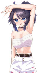 Rule 34 | 1girl, :p, absurdres, arm up, armpits, bandages, bare arms, bare shoulders, belt, black belt, black choker, black hair, blue eyes, blush, breasts, chest sarashi, choker, cleavage, collarbone, commentary request, cowboy shot, heart, highres, indie virtual youtuber, kson, large breasts, looking at viewer, midriff, navel, pants, ponytail, sarashi, short hair, simple background, solo, souchou, standing, stomach, strapless, sudou (s7 d8), tongue, tongue out, tube top, virtual youtuber, w, white background, white pants