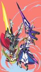 Rule 34 | 2girls, absurdres, blonde hair, brown hair, energy sword, exocet, fate testarossa, highres, holding, holding sword, holding weapon, huge weapon, looking to the side, lyrical nanoha, magical girl, multiple girls, open mouth, purple eyes, red eyes, sword, takamachi nanoha, twintails, upside-down, weapon