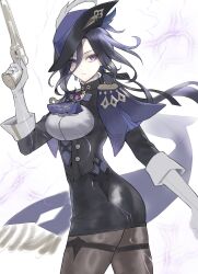 Rule 34 | 1girl, ass, black skirt, breasts, cape, clorinde (genshin impact), cowboy shot, electricity, genshin impact, gun, handgun, hat, hat feather, highres, holding, holding gun, holding weapon, long hair, long sleeves, medium breasts, miniskirt, pantyhose, pencil skirt, purple cape, purple eyes, purple hair, shirt, skirt, solo, standing, thigh strap, thighs, thotep, tricorne, very long hair, weapon, white background, white shirt