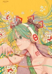 Rule 34 | 1girl, absurdres, aqua eyes, aqua hair, black bow, bow, floral print, flower, green nails, green necktie, grey shirt, hair bow, hand up, hatsune miku, headphones, highres, long hair, making-of available, nail polish, necktie, open clothes, open shirt, portrait, print necktie, red flower, shirt, signature, simple background, sleeveless, sleeveless shirt, smile, solo, twintails, vocaloid, white flower, wire, yellow background, yuuinami