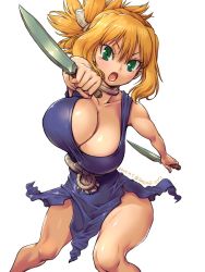 Rule 34 | 1girl, alternate breast size, amania orz, blonde hair, blue eyes, blue skirt, breasts, cleavage, dated, dr. stone, dual wielding, hair between eyes, highres, holding, holding knife, knife, kohaku (dr. stone), large breasts, looking at viewer, rope, rope belt, sidelocks, simple background, skirt, solo, spiked hair, standing, white background