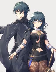 Rule 34 | 1boy, 1girl, armor, back-to-back, black cape, black shorts, blue eyes, blue hair, breasts, brown pantyhose, byleth (female) (fire emblem), byleth (fire emblem), byleth (male) (fire emblem), cape, closed mouth, commentary request, cowboy shot, fire emblem, fire emblem: three houses, grey background, hair between eyes, height difference, highres, kikugetsu, lace, lace-trimmed legwear, lace trim, long hair, looking at viewer, looking back, medium breasts, navel, nintendo, pantyhose, pantyhose under shorts, parted lips, serious, short shorts, shorts, shoulder armor, simple background, thigh gap, v-shaped eyebrows, wrist guards