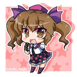 Rule 34 | 1girl, bad id, bad pixiv id, brown eyes, brown hair, cellphone, checkered clothes, checkered skirt, chibi, hair ribbon, hat, himekaidou hatate, looking at viewer, necktie, noai nioshi, open mouth, phone, pink background, pointy ears, puffy sleeves, ribbon, shirt, short sleeves, skirt, smile, solo, star (symbol), tokin hat, touhou, twintails