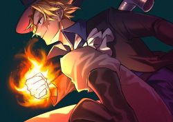 Rule 34 | 1boy, blonde hair, closed mouth, commentary request, fire, foot out of frame, from side, gradient background, hat, looking to the side, male focus, one piece, sabo (one piece), scar, scar across eye, scar on face, short hair, simple background, smoking pipe, sorase (srsrs 000), weapon, weapon on back