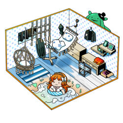 Rule 34 | 1boy, 1girl, bars, blanket, carpet, chair, clothes hanger, desk, drawer, e.g.o (project moon), fairy gentleman (project moon), hair ribbon, hammock, hanging chair, headband, ishmael (project moon), jacket, limbus company, long hair, mace, orange hair, pa rsnip, pillow, pink shoes (project moon), portrait (object), project moon, ribbon, seashell, shelf, shell, shield, shirt, t-shirt, water, wavy hair, weapon