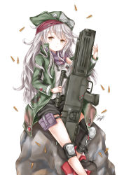 Rule 34 | 1girl, :t, ammunition, assault rifle, black shorts, blush, brown eyes, bullet, bullpup, caseless ammunition, caseless firearm, chohee, closed mouth, g11 (girls&#039; frontline), girls&#039; frontline, green hat, green jacket, gun, h&amp;k g11, hair between eyes, hat, head tilt, highres, holding, holding gun, holding weapon, horizontal magazine, jacket, knee pads, long hair, long sleeves, looking at viewer, open clothes, open jacket, personification, prototype design, red footwear, rifle, rock, shirt, shorts, signature, silver hair, simple background, sitting, solo, thigh strap, very long hair, weapon, white background, white shirt