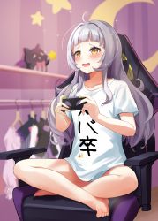 Rule 34 | 1girl, ahoge, bare legs, barefoot, blush, chair, clothes hanger, commentary request, controller, full body, game controller, gaming chair, highres, holding, holding controller, holding game controller, hololive, indian style, indoors, long hair, looking away, murasaki shion, open mouth, shinka (yonkun121), shiokko (murasaki shion), shirt, silver hair, sitting, smile, solo, swivel chair, t-shirt, virtual youtuber, white shirt, yellow eyes