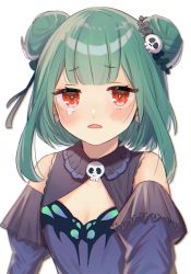 Rule 34 | 1girl, 852 box, animal print, black ribbon, blue dress, blunt bangs, blush, butterfly print, commentary request, crying, crying with eyes open, detached collar, detached sleeves, double bun, dress, earrings, fang, frills, green hair, hair bun, hair ornament, highres, hololive, jewelry, open mouth, ribbon, short hair, simple background, single tear, skull, skull earrings, skull hair ornament, solo, strapless, strapless dress, tears, uruha rushia, uruha rushia (1st costume), virtual youtuber, white background