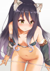 Rule 34 | 1girl, absurdres, animal ear fluff, animal ears, bad id, bad pixiv id, bare shoulders, blush, breasts, brown eyes, brown hair, closed mouth, collarbone, commentary request, derivative work, ear piercing, grey background, groin, hair between eyes, highres, j young, leaning forward, long hair, looking away, looking to the side, navel, nose blush, panties, panty pull, piercing, princess connect!, pulling own clothes, shiori (princess connect!), simple background, small breasts, solo, underwear, underwear only, very long hair, white panties