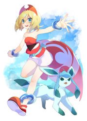 Rule 34 | 1girl, :d, akibotann, anklet, blonde hair, blush, bracelet, commentary request, creatures (company), eyelashes, game freak, gen 4 pokemon, glaceon, green eyes, hairband, happy, highres, irida (pokemon), jewelry, knees, nintendo, open mouth, orange footwear, orange shirt, outstretched arms, pokemon, pokemon (creature), pokemon legends: arceus, red hairband, sash, shirt, shoes, shorts, smile, spread fingers, strapless, strapless shirt, teeth, tongue, upper teeth only, waist cape, white shorts