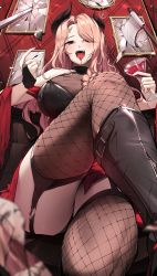 Rule 34 | 1girl, alcohol, asymmetrical horns, axe, black footwear, black shirt, black thighhighs, blouse, blurry, blurry foreground, blush, boots, braid, breasts, broken mirror, brown hair, commentary, crossed legs, cup, ddangbi, demon girl, demon horns, depth of field, drinking glass, fishnet thighhighs, fishnets, garter straps, glint, hair over shoulder, hands up, highres, holding, holding cup, horns, huge breasts, knee boots, knee up, long hair, looking at viewer, mirror, nail polish, open mouth, original, red eyes, red nails, red skirt, red wine, shirt, sitting, skirt, sleeveless, solo, sword, thighhighs, thighs, tongue, torn clothes, weapon, wine