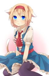 Rule 34 | 1girl, alice margatroid, animal ears, ascot, blonde hair, blue dress, blue eyes, bra, cat ears, cat girl, cat tail, checkered bra, checkered clothes, dress, female focus, hairband, highres, kemonomimi mode, open clothes, open dress, open shirt, pantyhose, plaid, plaid bra, purple pantyhose, sash, shirt, short hair, solo, tail, touhou, tsuno no hito, underwear