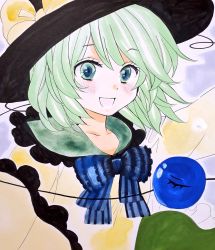 Rule 34 | 1girl, :d, black hat, blouse, blue bow, blue bowtie, blush, bow, bowtie, collarbone, commentary request, eyeball, frills, green eyes, green hair, green skirt, happy, hat, hat bow, komeiji koishi, looking at viewer, marker (medium), matsuppoi, open mouth, petticoat, shirt, short hair, simple background, skirt, smile, solo, third eye, touhou, traditional media, upper body, yellow bow, yellow shirt