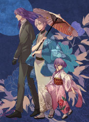 Rule 34 | 1girl, 2boys, berserker (fate/zero), black gloves, child, fate/zero, fate (series), formal, geta, gloves, haori, japanese clothes, kimono, long hair, matou kariya, matou sakura, multiple boys, oil-paper umbrella, parasol, purple eyes, purple hair, seigorou1225, short hair, spoilers, suit, tabi, umbrella, white hair, aged down