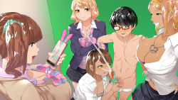 Rule 34 | 1boy, 4girls, arm grab, blonde hair, blue eyes, blush, bow, bowtie, breasts, brown hair, caressing testicles, cellphone, censored, cleavage, clenched teeth, crying, cum, ejaculation, embarrassed, eyebrows hidden by hair, folded ponytail, from above, glasses, green eyes, group sex, gyaru x batsu game + inkya = harem!?, handjob, handjob with panties, highres, holding, holding phone, indoors, jacket, large breasts, legs, mole, mole under eye, mole under mouth, mosaic censoring, multiple girls, navel, open mouth, orange eyes, orgasm, original, panties, panties on penis, penis, phone, projectile cum, recording, school uniform, short hair, skirt, smile, squatting, standing, tamabon (koutetsu shabondama), tears, teeth, testicles, thighs, topless, twintails, underwear, undressing, vest