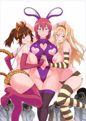 Rule 34 | 3girls, 4boys, afro, ahoge, animal ears, arms behind head, ass, blonde hair, breasts, brown eyes, camera, cat ears, cleavage, cleavage cutout, clothing cutout, drooling, fake animal ears, fake tail, fingerless gloves, fishnet legwear, fishnets, girl sandwich, gloves, hairband, heart, heart cutout, highres, interlocked fingers, large breasts, leotard, long hair, looking at viewer, multiple boys, multiple girls, navel, navel cutout, necktie, nippleless clothes, nipples, one eye closed, open mouth, original, ponytail, rabbit ears, red hair, sanagi torajirou, sandwiched, simple background, skin tight, smile, striped clothes, striped legwear, striped thighhighs, suspenders, tail, thighhighs, topless, white background