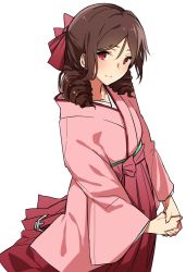 Rule 34 | 10s, 1girl, asakawa (outeq), blush, bow, brown hair, drill hair, hair bow, hakama, hakama skirt, harukaze (kancolle), japanese clothes, kantai collection, kimono, long hair, looking at viewer, meiji schoolgirl uniform, own hands together, pink kimono, red bow, red eyes, red hakama, simple background, skirt, smile, solo, twin drills, white background