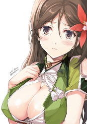 Rule 34 | 10s, 1girl, amagi (kancolle), bell, blush, breasts, brown eyes, brown hair, choker, cleavage, cleavage cutout, clothing cutout, collar, female focus, flower, hair between eyes, hair flower, hair ornament, japanese clothes, jingle bell, kantai collection, kimono, large breasts, long hair, looking at viewer, mole, mole under eye, neck bell, parted bangs, simple background, solo, tomozo kaoru