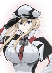 Rule 34 | 1girl, anchor ornament, blonde hair, breasts, commentary request, cross, graf zeppelin (kancolle), grey eyes, hair between eyes, hat, highres, holding, holding clothes, holding hat, iron cross, jacket, kantai collection, large breasts, military, military uniform, one-hour drawing challenge, peaked cap, shushan, sidelocks, solo, twintails, uniform, upper body