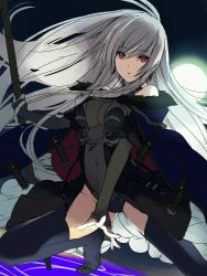 Rule 34 | 1girl, bad id, bad twitter id, bare shoulders, belt, boots, breasts, cape, cleavage, covered navel, full moon, grey hair, highres, kagetomo midori, long hair, medium breasts, moon, navel, night, night sky, red eyes, see-through, sky, solo, thigh boots, thighhighs, very long hair