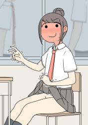 Rule 34 | 1girl, 2boys, blush, brown hair, classroom, clothes lift, commentary request, desk, full-face blush, hair bun, indoors, juukyuu, lifted by self, multiple boys, necktie, no panties, original, partial commentary, school desk, school uniform, single hair bun, sitting, skirt, skirt lift, solid circle eyes, solo focus, sweatdrop, trembling, v