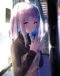 Rule 34 | 1girl, black sweater, blue hair, blunt bangs, braid, bus interior, closed mouth, dress, from side, hair ornament, hair over shoulder, highres, indoors, lize helesta, long hair, multicolored hair, nijisanji, pinafore dress, purple eyes, rei (farta litia), ribbed sweater, silver hair, sleeveless dress, solo focus, sweater, two-tone hair, upper body, virtual youtuber