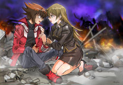 Rule 34 | 1boy, 1girl, 203wolves, black footwear, black jacket, black neckwear, black shirt, black skirt, blonde hair, blood, blue pants, blurry, blurry background, brown eyes, brown hair, bruise, bruise on face, collared shirt, couple, duel academy uniform (yu-gi-oh! gx), eye contact, from side, high heels, highres, holding another&#039;s wrist, injury, jacket, long hair, looking at another, military, military uniform, miniskirt, multicolored hair, necktie, open clothes, open jacket, open mouth, pants, pencil skirt, profile, pump, purple sky, red footwear, red jacket, shirt, side slit, skirt, sky, straight hair, tenjouin asuka, torn clothes, torn jacket, twitter username, two-tone hair, uniform, very long hair, white shirt, wing collar, yellow eyes, yu-gi-oh!, yu-gi-oh! gx, yuuki juudai