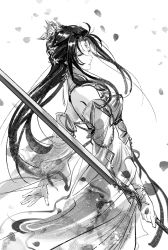 1girl black_hair dress earrings closed_eyes falling_petals greyscale hair_ornament highres jewelry long_hair lu_xueqi_(zhu_xian) monochrome open_mouth outstretched_arms petals reverse_grip solo spread_arms sword upper_body weapon yan_xizi zhu_xian