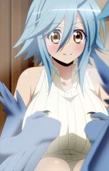 Rule 34 | 10s, 1girl, bare shoulders, blue hair, blush, breasts, female focus, gradient background, harpy, highres, large breasts, monster girl, monster musume no iru nichijou, papi (monster musume), short hair, smile, solo, stitched, striped, striped background, third-party edit