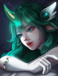 Rule 34 | 1girl, absurdres, animal ears, close-up, green eyes, green hair, highres, horns, league of legends, lfairy, long hair, looking down, parted lips, single horn, solo, soraka (league of legends), star guardian (league of legends), star guardian soraka