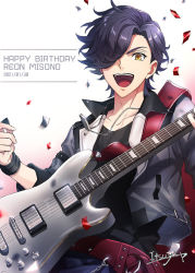 Rule 34 | 1boy, :d, birthday, black hair, character name, confetti, dated, dog tags, english text, from argonavis, gradient background, guitar, hair over one eye, happy birthday, instrument, itsuya (daystar), jacket, leather, leather jacket, male focus, misono reon, open mouth, plectrum, sleeves rolled up, smile, solo, yellow eyes