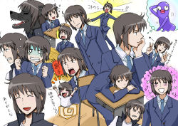 Rule 34 | &gt; &lt;, 10s, 1boy, :d, ;d, = =, ^^^, ^ ^, arms up, black hair, blazer, chair, clenched teeth, closed eyes, creature, desk, double v, closed eyes, gym uniform, happy, head rest, imagining, jacket, kotoura-san, male focus, manabe&#039;s daydream creature, manabe yoshihisa, necktie, one eye closed, open mouth, outstretched arms, school uniform, sitting, smile, solo, teeth, tomatomatotto, translation request, turn pale, v, wolf
