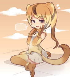 Rule 34 | 1girl, animal ears, ass, blonde hair, blush, brown hair, character request, highres, kemono friends, kolshica, long hair, looking at viewer, multicolored hair, open mouth, ponytail, sitting, skirt, smile, solo, tail, two-tone hair, wariza, white skirt